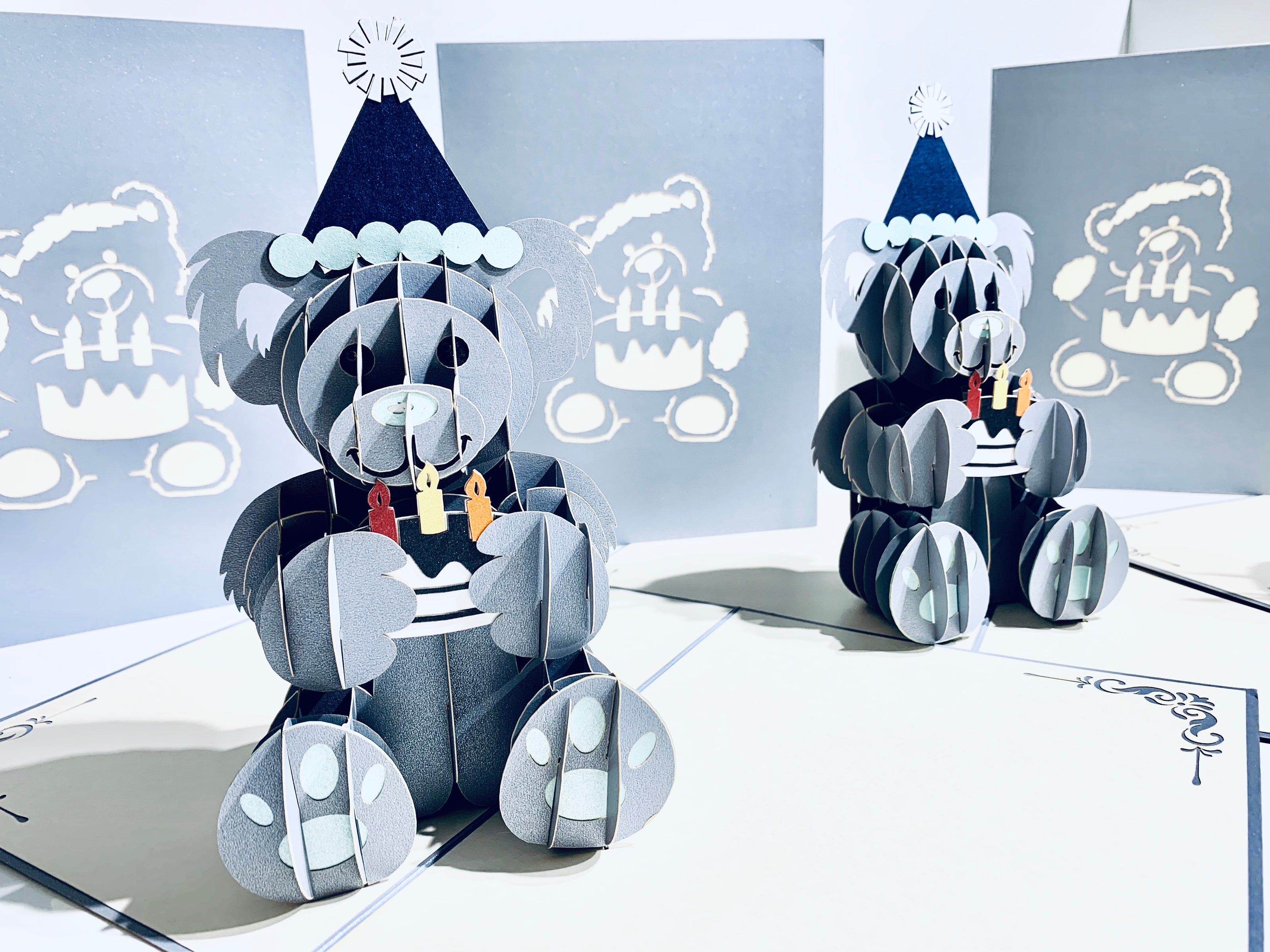 Silver Grey Birthday Teddy Bear Origami Pop Cards 3D Pop Up Greeting Card Thank You Handmade Gift Thinking of You Happy Birthday Occasion Australiana Celebrate the Beauty and Happiness During Special Day Best Wishes Gift