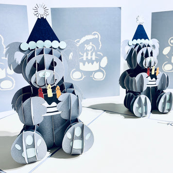 Silver Grey Birthday Teddy Bear Origami Pop Cards 3D Pop Up Greeting Card Thank You Handmade Gift Thinking of You Happy Birthday Occasion Australiana Celebrate the Beauty and Happiness During Special Day Best Wishes Gift