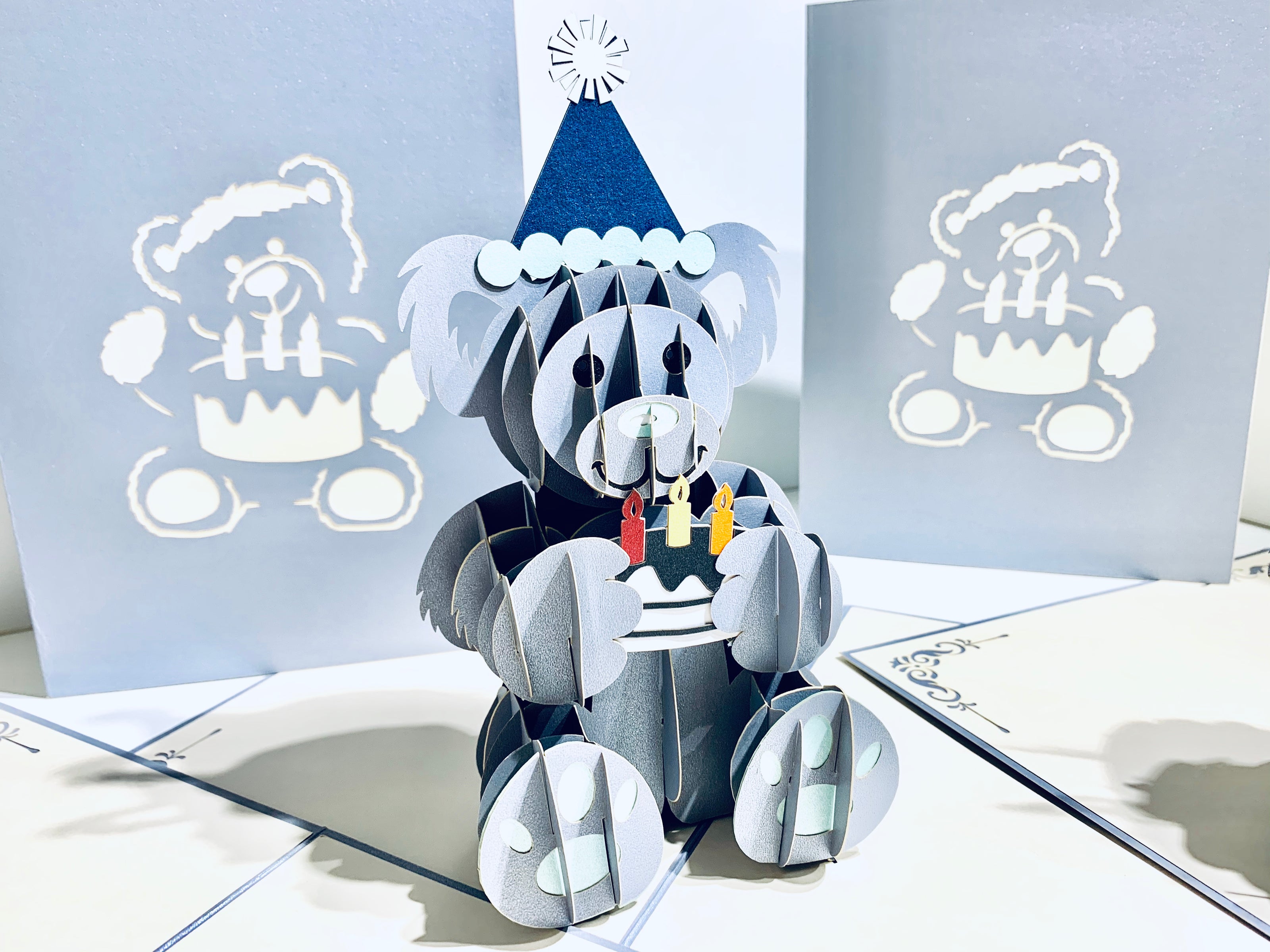 Silver Grey Birthday Teddy Bear Origami Pop Cards 3D Pop Up Greeting Card Thank You Handmade Gift Thinking of You Happy Birthday Occasion Australiana Celebrate the Beauty and Happiness During Special Day Best Wishes Gift