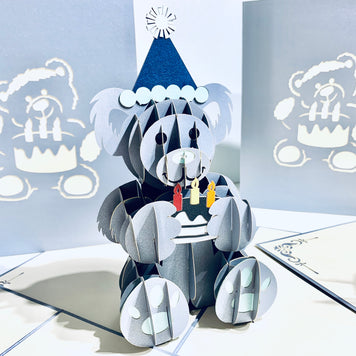 Silver Grey Birthday Teddy Bear Origami Pop Cards 3D Pop Up Greeting Card Thank You Handmade Gift Thinking of You Happy Birthday Occasion Australiana Celebrate the Beauty and Happiness During Special Day Best Wishes Gift