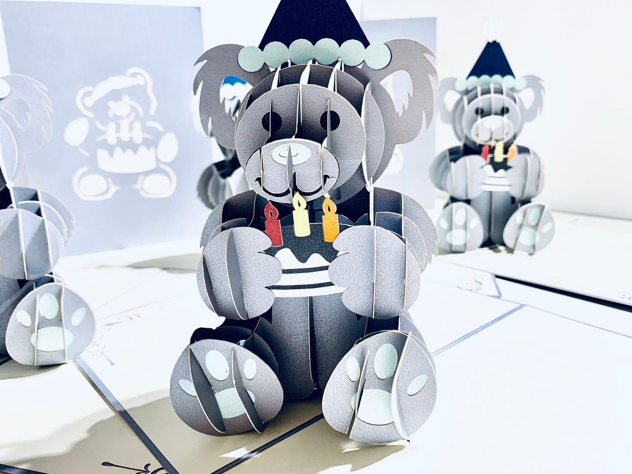 Silver Grey Birthday Teddy Bear Origami Pop Cards 3D Pop Up Greeting Card Thank You Handmade Gift Thinking of You Happy Birthday Occasion Australiana Celebrate the Beauty and Happiness During Special Day Best Wishes Gift