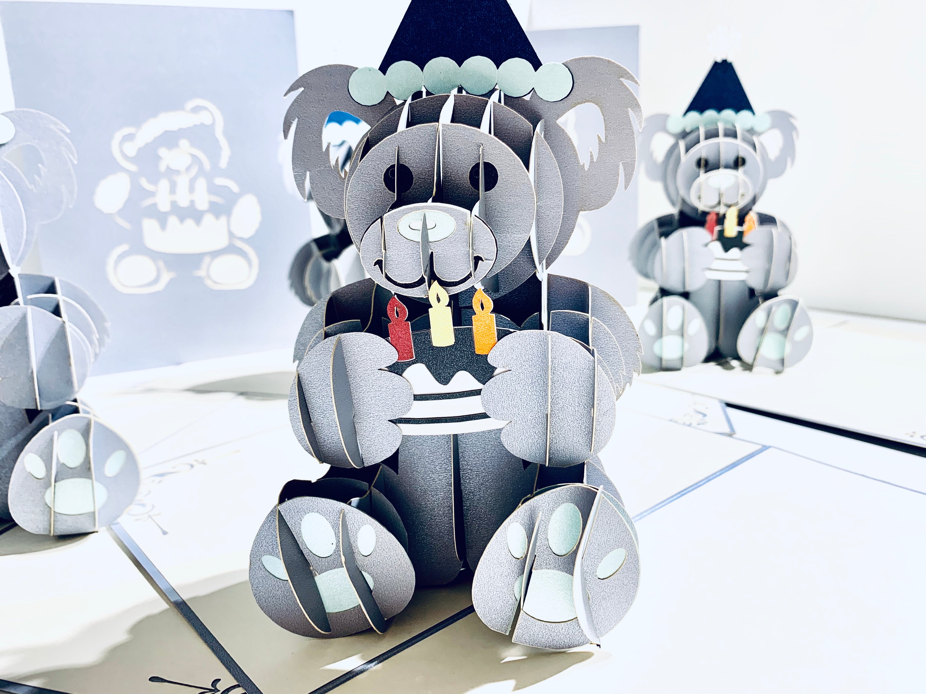 Silver Grey Birthday Teddy Bear Origami Pop Cards 3D Pop Up Greeting Card Thank You Handmade Gift Thinking of You Happy Birthday Occasion Australiana Celebrate the Beauty and Happiness During Special Day Best Wishes Gift