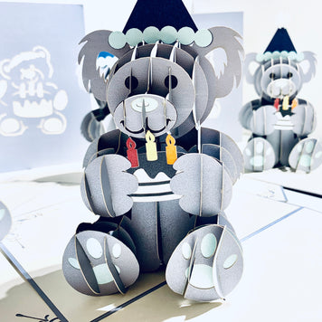 Silver Grey Birthday Teddy Bear Origami Pop Cards 3D Pop Up Greeting Card Thank You Handmade Gift Thinking of You Happy Birthday Occasion Australiana Celebrate the Beauty and Happiness During Special Day Best Wishes Gift