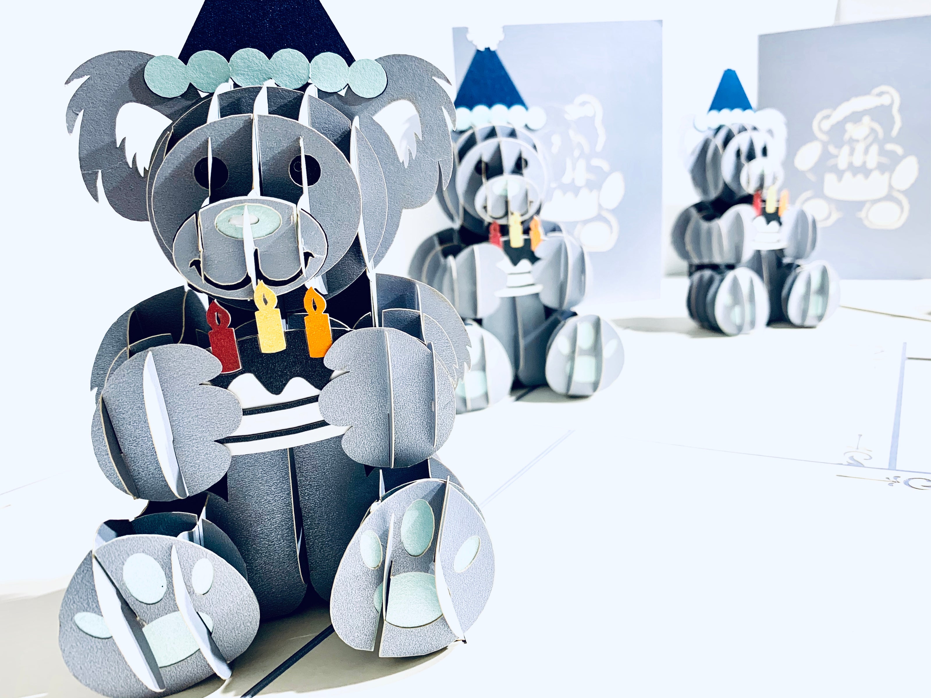 Silver Grey Birthday Teddy Bear Origami Pop Cards 3D Pop Up Greeting Card Thank You Handmade Gift Thinking of You Happy Birthday Occasion Australiana Celebrate the Beauty and Happiness During Special Day Best Wishes Gift