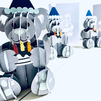 Silver Grey Birthday Teddy Bear Origami Pop Cards 3D Pop Up Greeting Card Thank You Handmade Gift Thinking of You Happy Birthday Occasion Australiana Celebrate the Beauty and Happiness During Special Day Best Wishes Gift
