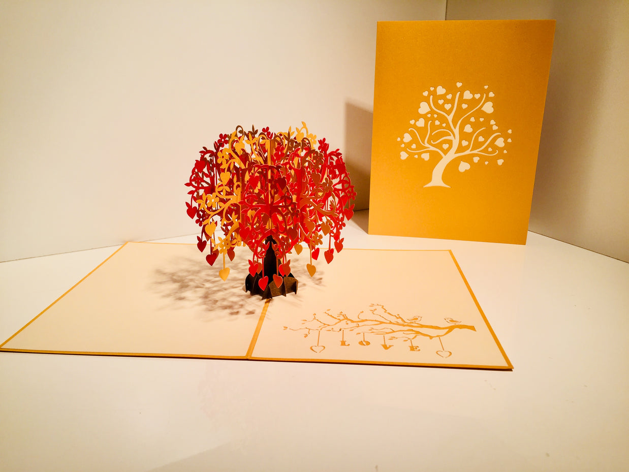 Giant Autumn Tree of Love Hearts 3D POP UP GREETING CARD - Created by Origami Pop Cards Australian Design & Handmade 3D Pop Up Magical Paper Cards, Handmade Pop Up Cards Happy Valentine's Day Celebrate Love Heart Fell and Romantic