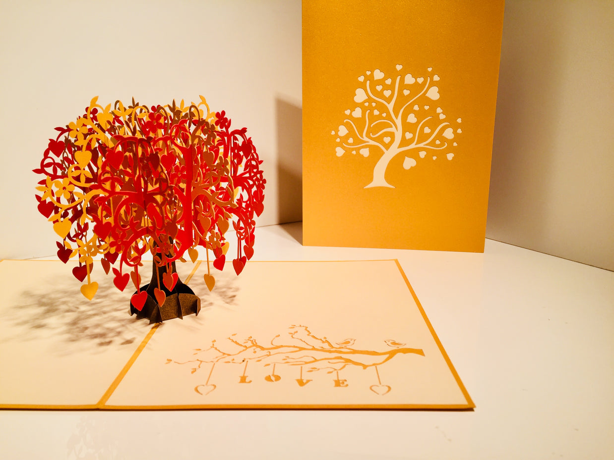 Giant Autumn Tree of Love Hearts 3D POP UP GREETING CARD - Created by Origami Pop Cards Australian Design & Handmade 3D Pop Up Magical Paper Cards, Handmade Pop Up Cards Happy Valentine's Day Celebrate Love Heart Fell and Romantic