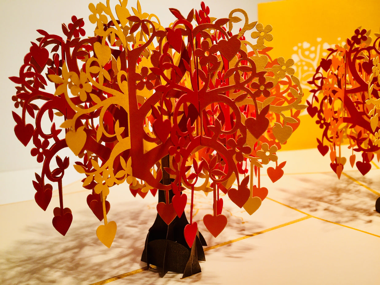 Giant Autumn Tree of Love Hearts 3D POP UP GREETING CARD - Created by Origami Pop Cards Australian Design & Handmade 3D Pop Up Magical Paper Cards, Handmade Pop Up Cards Happy Valentine's Day Celebrate Love Heart Fell and Romantic