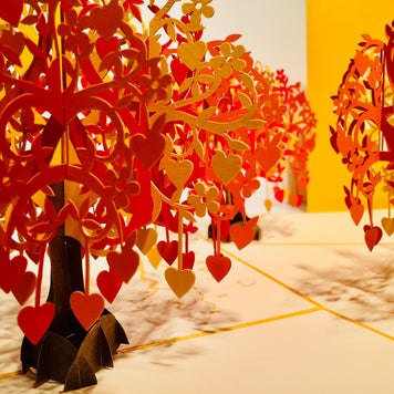 Giant Autumn Tree of Love Hearts 3D POP UP GREETING CARD - Created by Origami Pop Cards Australian Design & Handmade 3D Pop Up Magical Paper Cards, Handmade Pop Up Cards Happy Valentine's Day Celebrate Love Heart Fell and Romantic