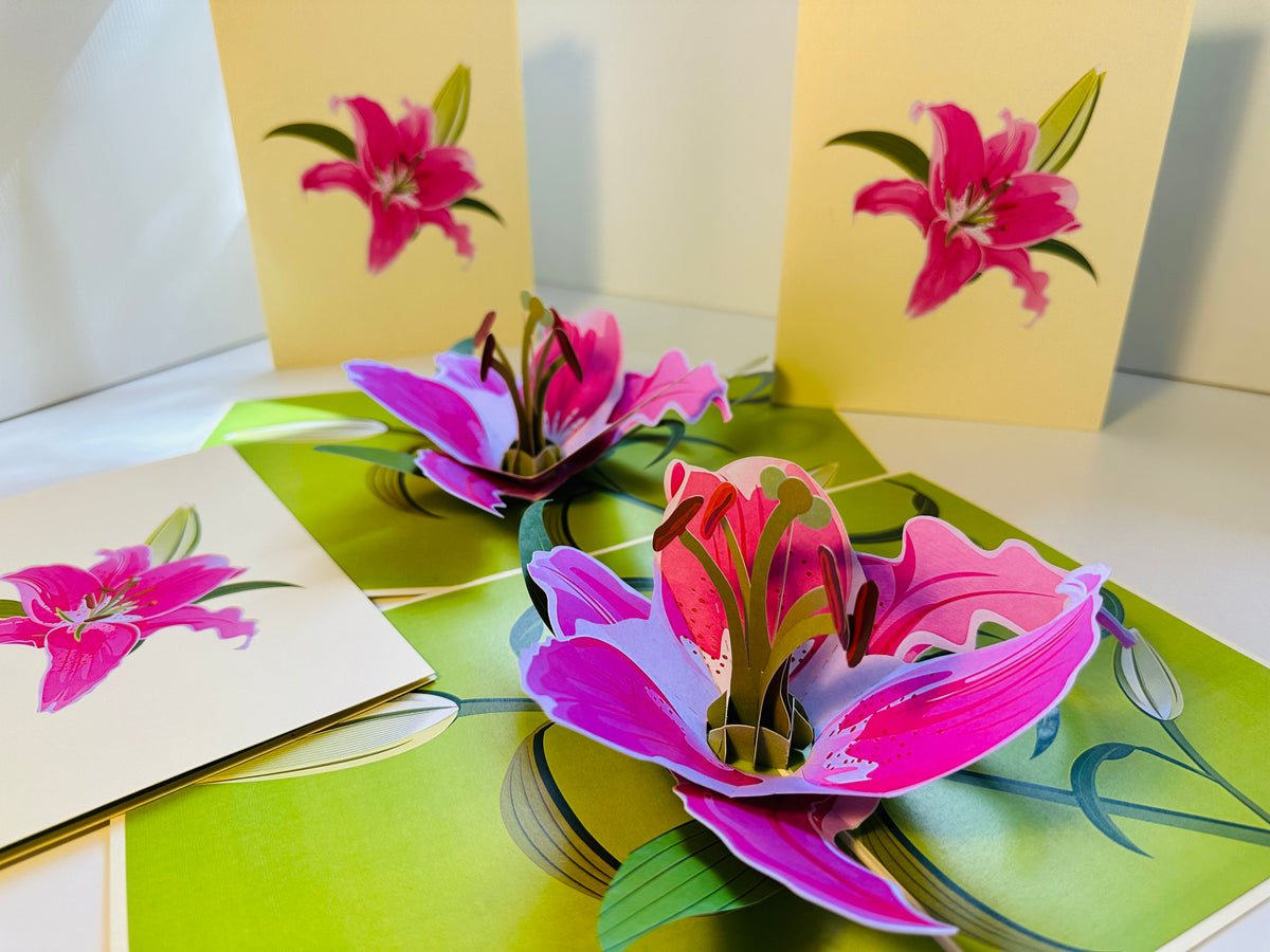 A Giant Hot Pink Lily - Just Perfect for a Thank You Note Origami Pop Cards 3D Pop Up Greeting Card Happy Birthday Thank You Handmade Gift Thinking of You Blank Card for Any Occasion Happy Mother's Day Happy Father's Celebrate the Beauty of Flower