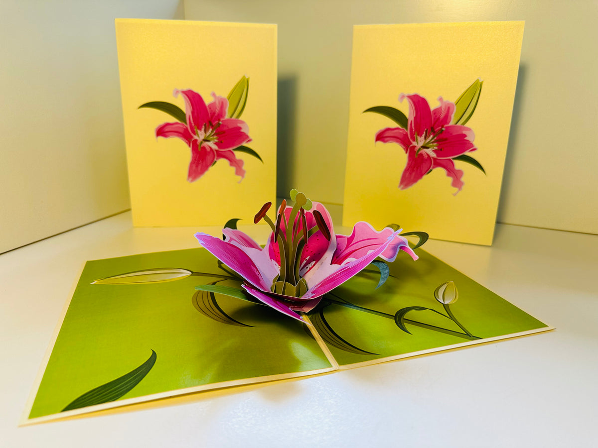 A Giant Hot Pink Lily - Just Perfect for a Thank You Note Origami Pop Cards 3D Pop Up Greeting Card Happy Birthday Thank You Handmade Gift Thinking of You Blank Card for Any Occasion Happy Mother's Day Happy Father's Celebrate the Beauty of Flower