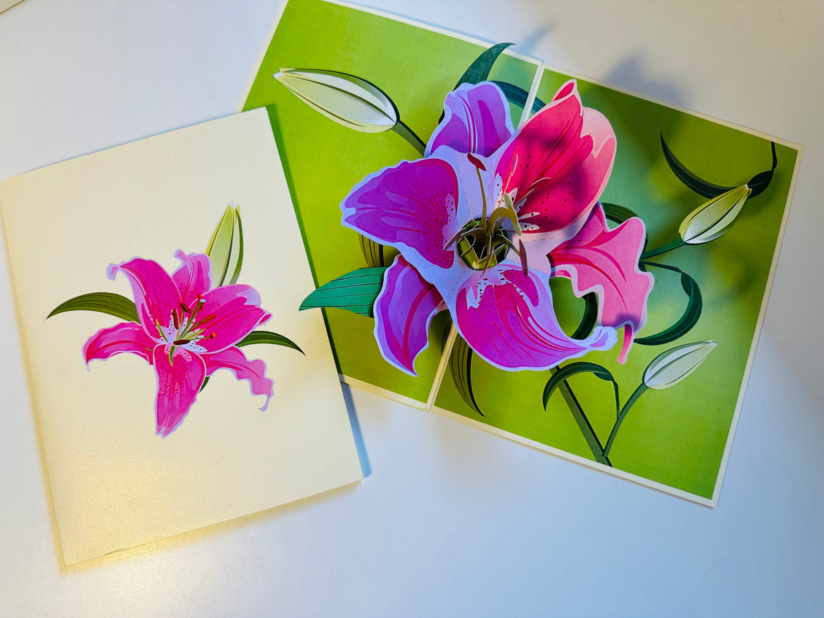 A Giant Hot Pink Lily - Just Perfect for a Thank You Note Origami Pop Cards 3D Pop Up Greeting Card Happy Birthday Thank You Handmade Gift Thinking of You Blank Card for Any Occasion Happy Mother's Day Happy Father's Celebrate the Beauty of Flower