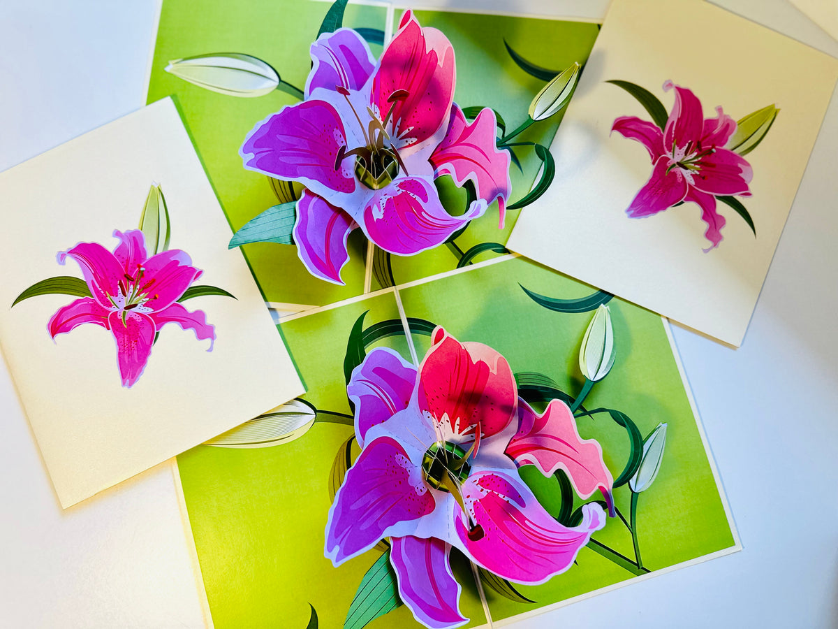 A Giant Hot Pink Lily - Just Perfect for a Thank You Note Origami Pop Cards 3D Pop Up Greeting Card Happy Birthday Thank You Handmade Gift Thinking of You Blank Card for Any Occasion Happy Mother's Day Happy Father's Celebrate the Beauty of Flower