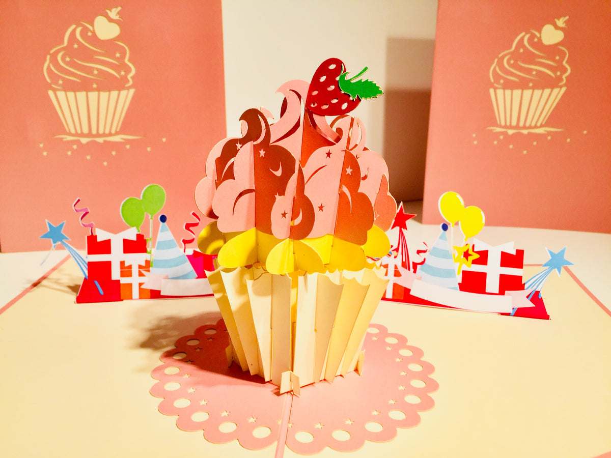 Giant Metallic Pink Cupcake Origami Pop Cards 3D Pop Up Greeting Card Thank You Handmade Gift Thinking of You Happy Birthday Occasion Australiana Celebrate the Beauty and Happiness During Special Day Best Wishes Gift