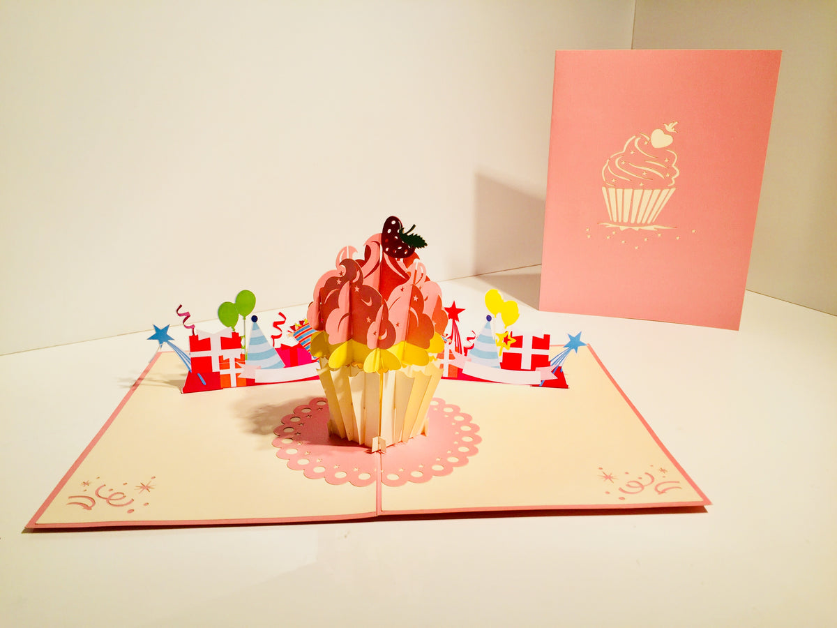 Giant Metallic Pink Cupcake Origami Pop Cards 3D Pop Up Greeting Card Thank You Handmade Gift Thinking of You Happy Birthday Occasion Australiana Celebrate the Beauty and Happiness During Special Day Best Wishes Gift