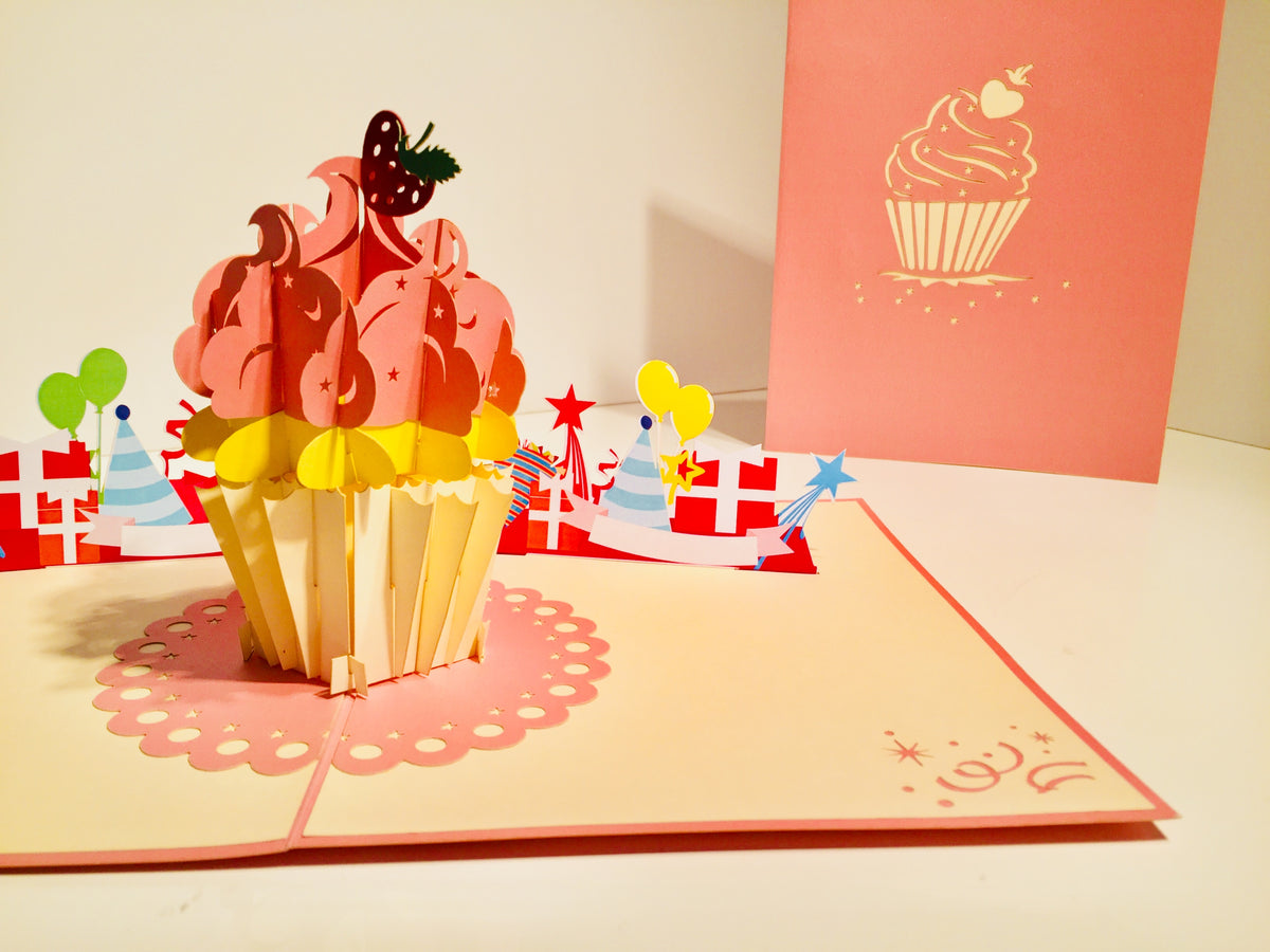 Giant Metallic Pink Cupcake Origami Pop Cards 3D Pop Up Greeting Card Thank You Handmade Gift Thinking of You Happy Birthday Occasion Australiana Celebrate the Beauty and Happiness During Special Day Best Wishes Gift