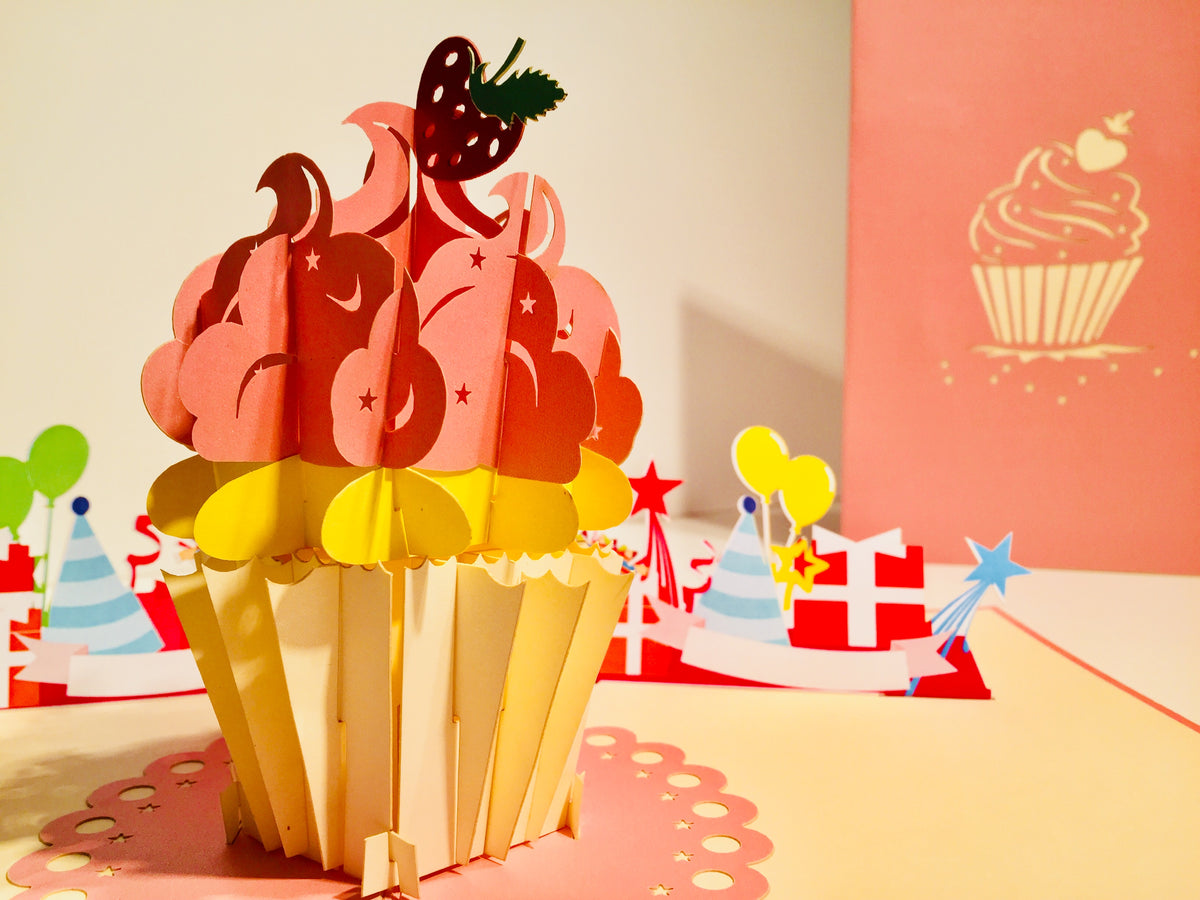 Giant Metallic Pink Cupcake Origami Pop Cards 3D Pop Up Greeting Card Thank You Handmade Gift Thinking of You Happy Birthday Occasion Australiana Celebrate the Beauty and Happiness During Special Day Best Wishes Gift
