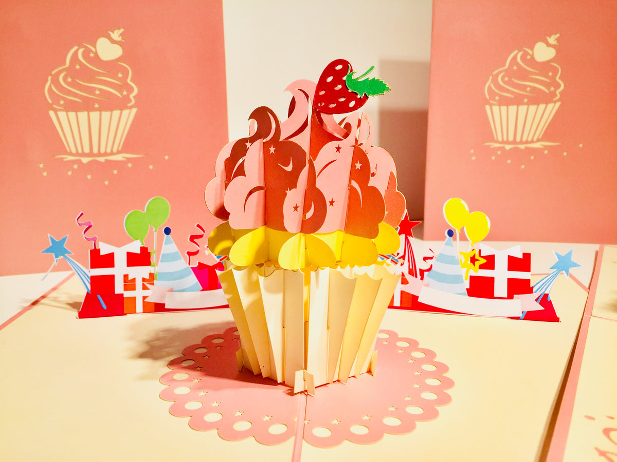 Giant Metallic Pink Cupcake Origami Pop Cards 3D Pop Up Greeting Card Thank You Handmade Gift Thinking of You Happy Birthday Occasion Australiana Celebrate the Beauty and Happiness During Special Day Best Wishes Gift