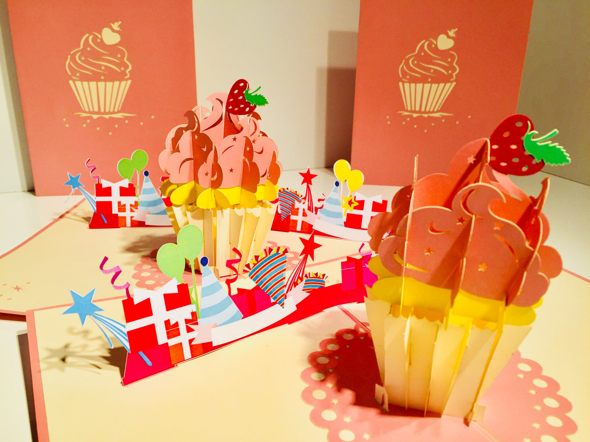 Giant Metallic Pink Cupcake Origami Pop Cards 3D Pop Up Greeting Card Thank You Handmade Gift Thinking of You Happy Birthday Occasion Australiana Celebrate the Beauty and Happiness During Special Day Best Wishes Gift