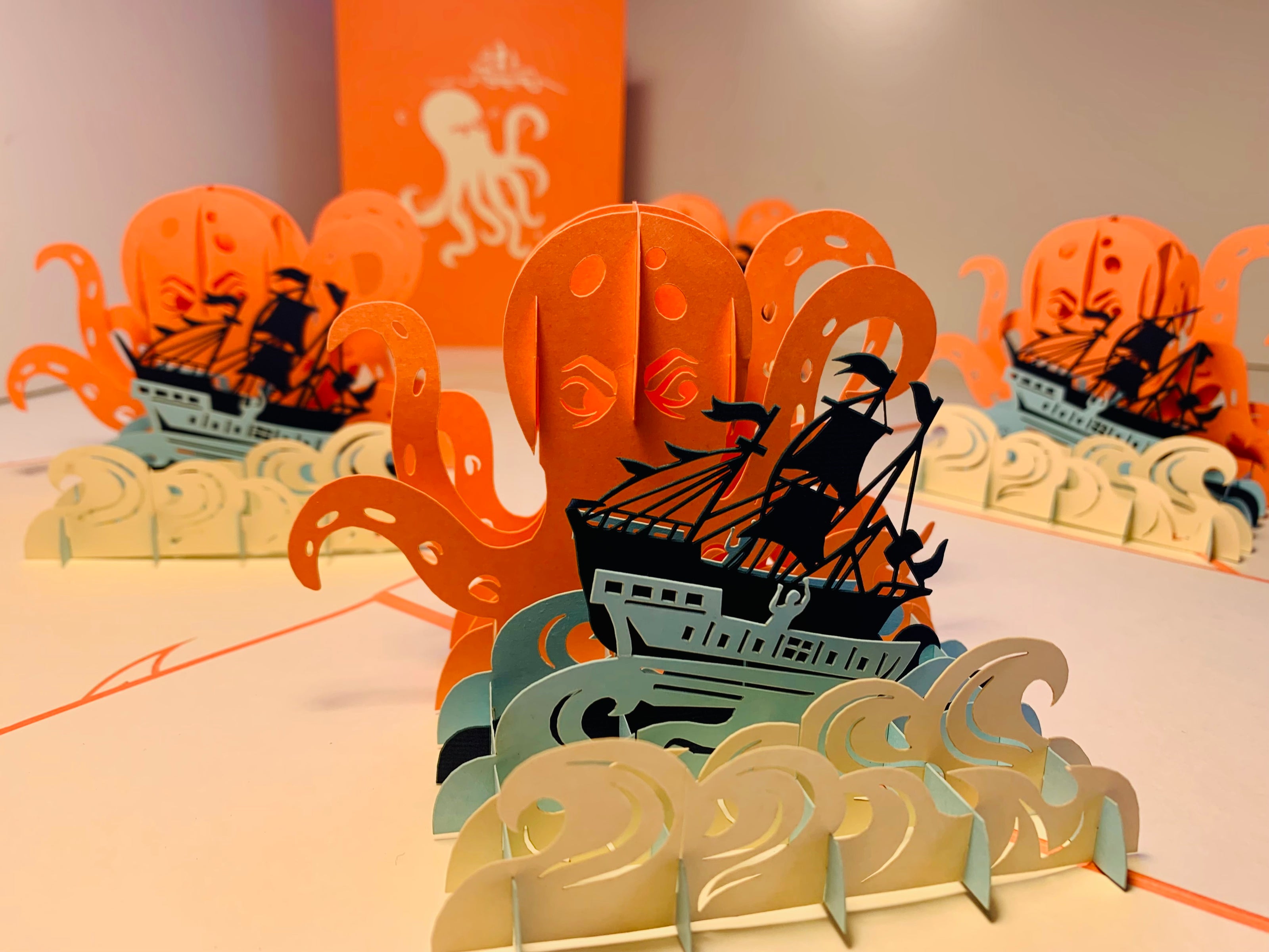 Giant KRAKEN Orange Octopus Attacking Blue Pirate Ship Origami Pop Cards 3D Pop Up Greeting Card Happy Birthday Thank You Handmade Gift Thinking of You Blank Card for Any Occasion Happy Mother's Day Happy Father's Australiana Celebrate the Beauty
