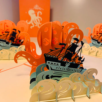 Giant KRAKEN Orange Octopus Attacking Blue Pirate Ship Origami Pop Cards 3D Pop Up Greeting Card Happy Birthday Thank You Handmade Gift Thinking of You Blank Card for Any Occasion Happy Mother's Day Happy Father's Australiana Celebrate the Beauty