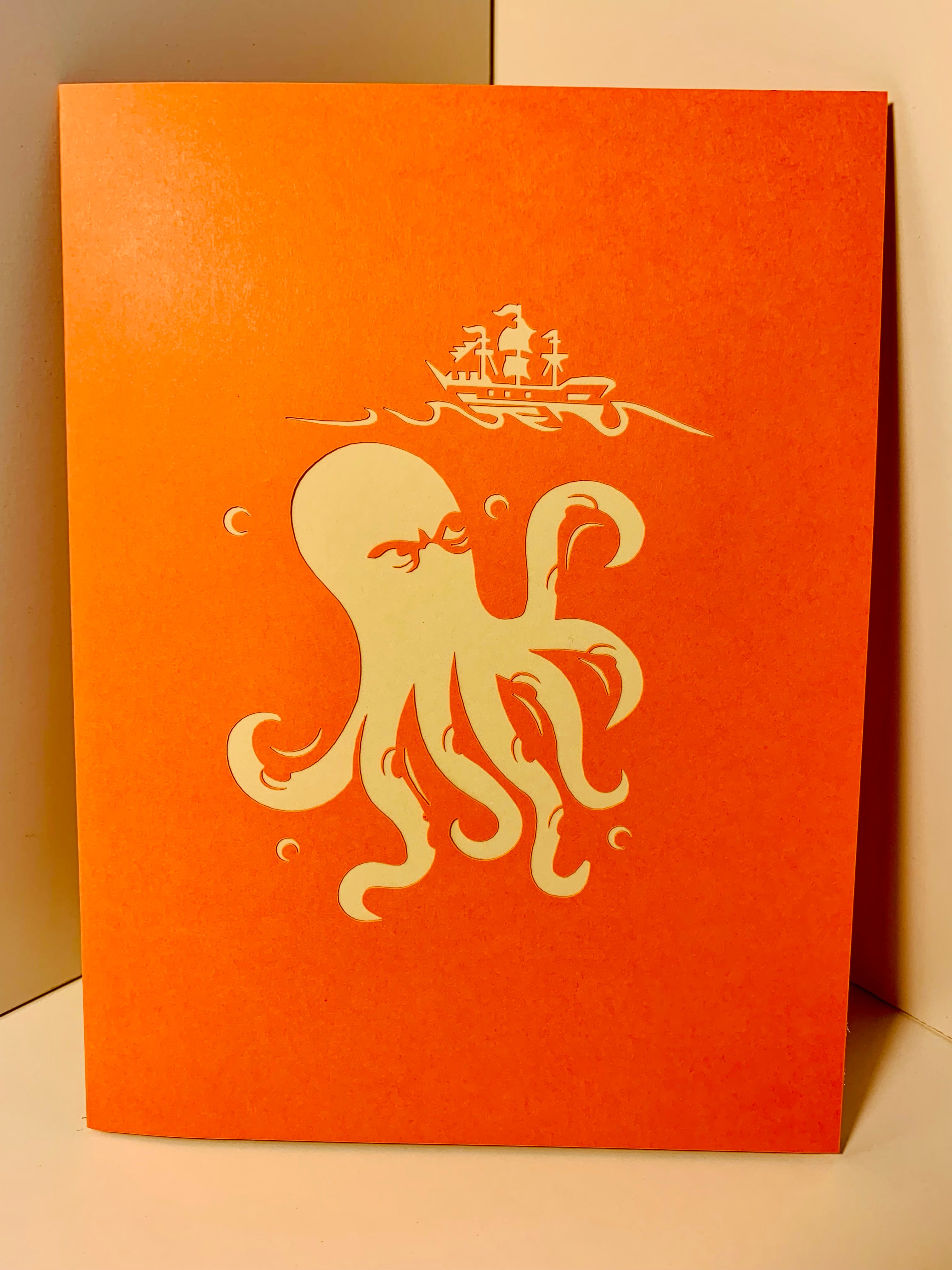 Giant KRAKEN Orange Octopus Attacking Blue Pirate Ship Origami Pop Cards 3D Pop Up Greeting Card Happy Birthday Thank You Handmade Gift Thinking of You Blank Card for Any Occasion Happy Mother's Day Happy Father's Australiana Celebrate the Beauty