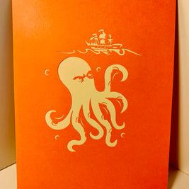 Giant KRAKEN Orange Octopus Attacking Blue Pirate Ship Origami Pop Cards 3D Pop Up Greeting Card Happy Birthday Thank You Handmade Gift Thinking of You Blank Card for Any Occasion Happy Mother's Day Happy Father's Australiana Celebrate the Beauty