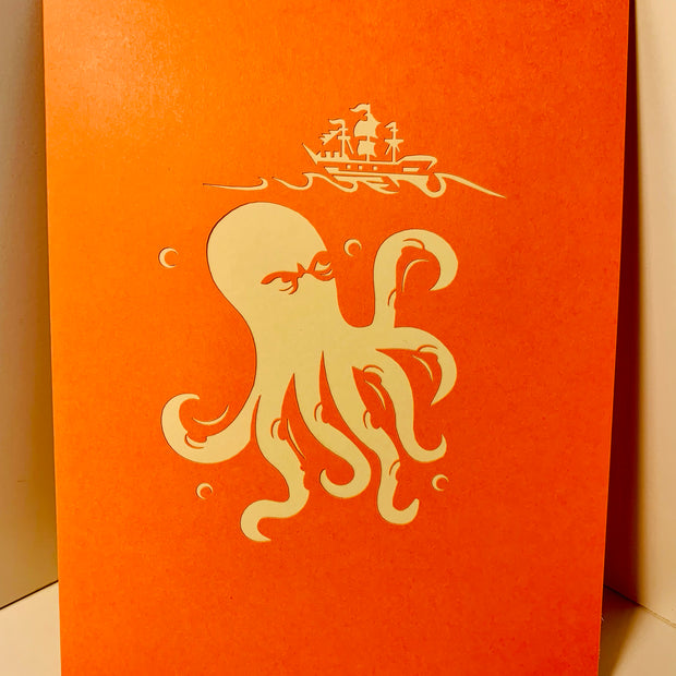 Giant KRAKEN Orange Octopus Attacking Blue Pirate Ship Origami Pop Cards 3D Pop Up Greeting Card Happy Birthday Thank You Handmade Gift Thinking of You Blank Card for Any Occasion Happy Mother's Day Happy Father's Australiana Celebrate the Beauty