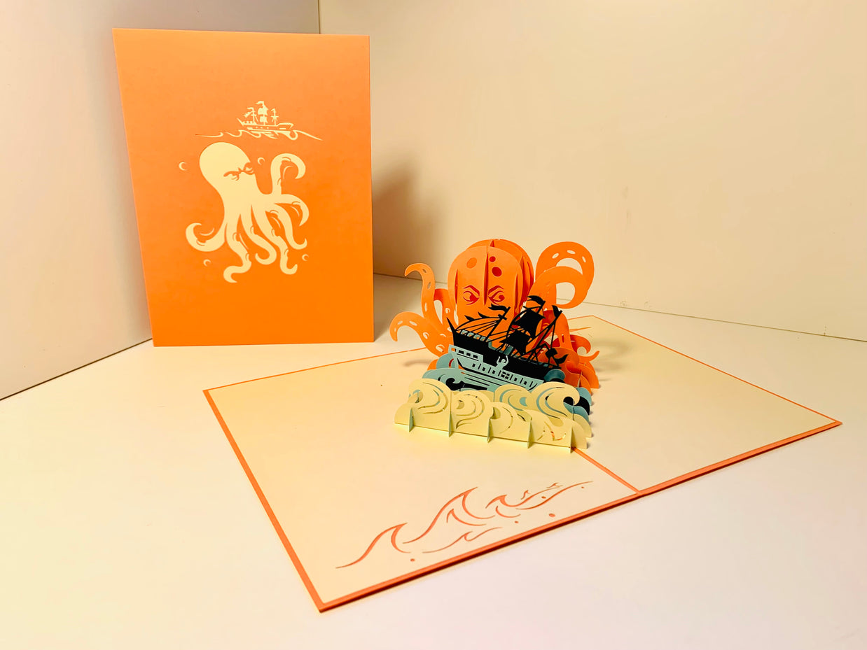 Giant KRAKEN Orange Octopus Attacking Blue Pirate Ship Origami Pop Cards 3D Pop Up Greeting Card Happy Birthday Thank You Handmade Gift Thinking of You Blank Card for Any Occasion Happy Mother's Day Happy Father's Australiana Celebrate the Beauty