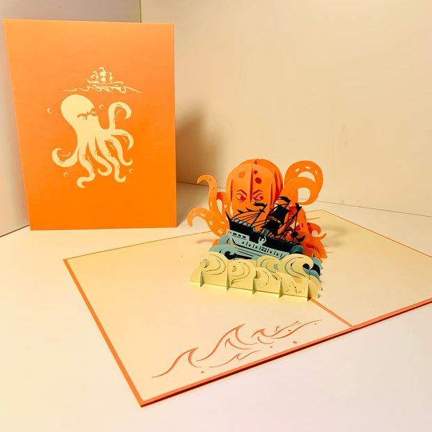 Giant KRAKEN Orange Octopus Attacking Blue Pirate Ship Origami Pop Cards 3D Pop Up Greeting Card Happy Birthday Thank You Handmade Gift Thinking of You Blank Card for Any Occasion Happy Mother's Day Happy Father's Australiana Celebrate the Beauty