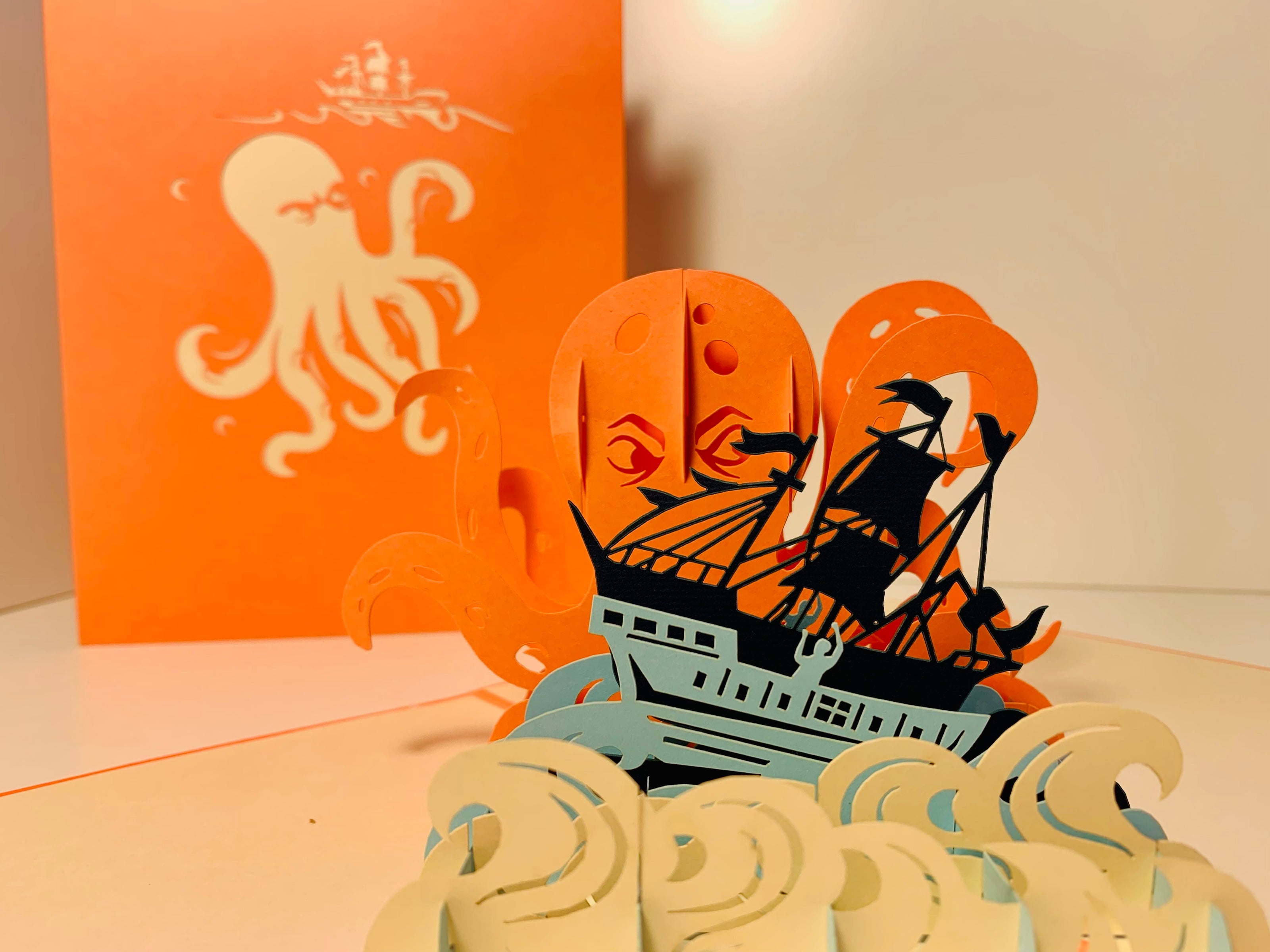 Giant KRAKEN Orange Octopus Attacking Blue Pirate Ship Origami Pop Cards 3D Pop Up Greeting Card Happy Birthday Thank You Handmade Gift Thinking of You Blank Card for Any Occasion Happy Mother's Day Happy Father's Australiana Celebrate the Beauty