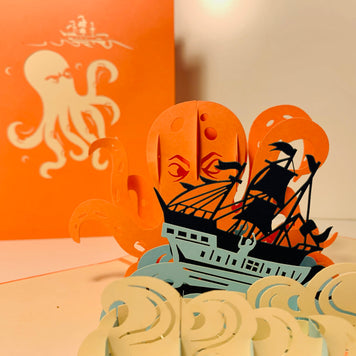 Giant KRAKEN Orange Octopus Attacking Blue Pirate Ship Origami Pop Cards 3D Pop Up Greeting Card Happy Birthday Thank You Handmade Gift Thinking of You Blank Card for Any Occasion Happy Mother's Day Happy Father's Australiana Celebrate the Beauty