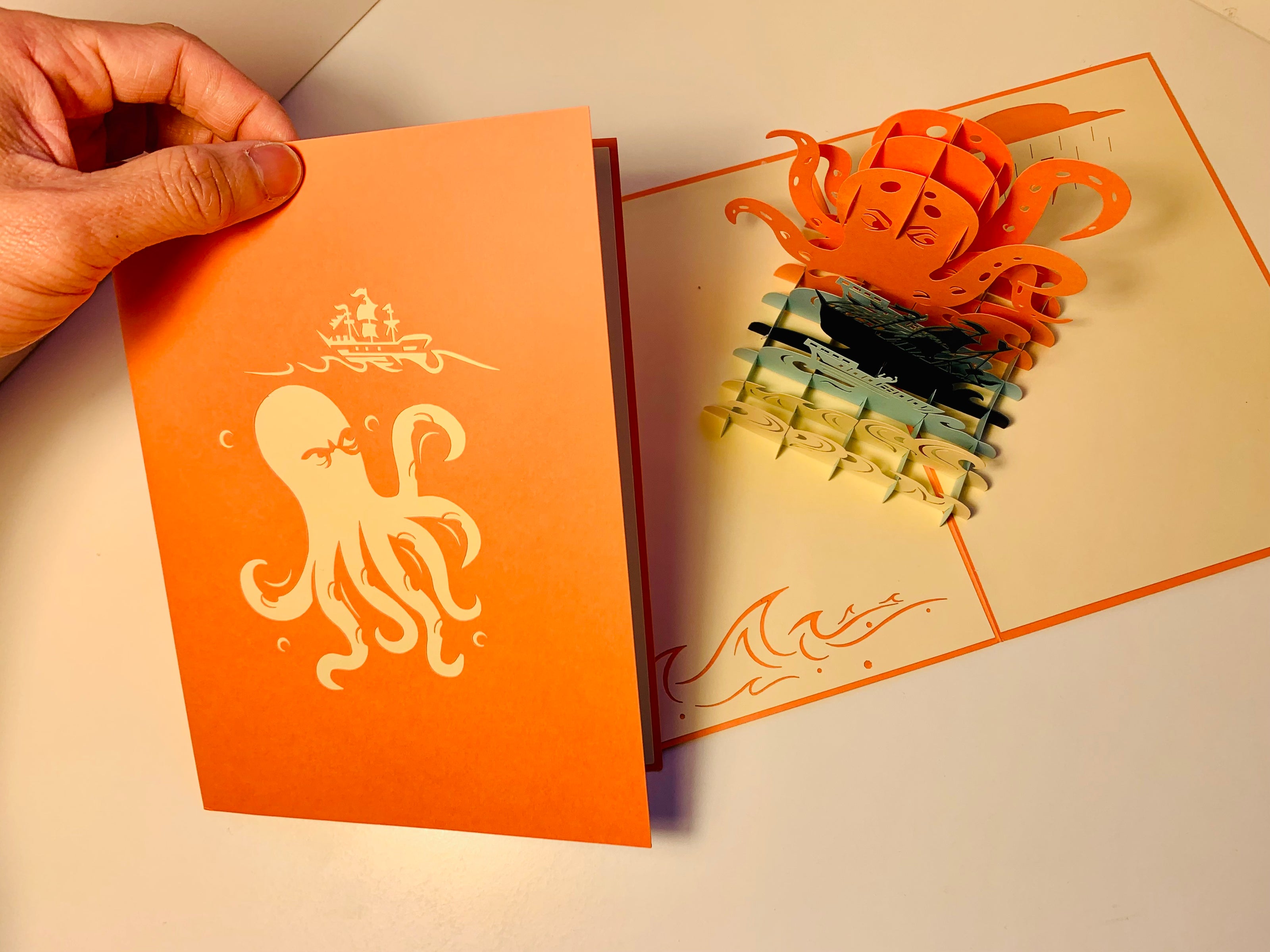 Giant KRAKEN Orange Octopus Attacking Blue Pirate Ship Origami Pop Cards 3D Pop Up Greeting Card Happy Birthday Thank You Handmade Gift Thinking of You Blank Card for Any Occasion Happy Mother's Day Happy Father's Australiana Celebrate the Beauty
