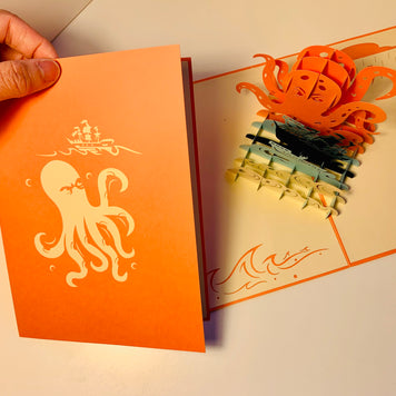 Giant KRAKEN Orange Octopus Attacking Blue Pirate Ship Origami Pop Cards 3D Pop Up Greeting Card Happy Birthday Thank You Handmade Gift Thinking of You Blank Card for Any Occasion Happy Mother's Day Happy Father's Australiana Celebrate the Beauty