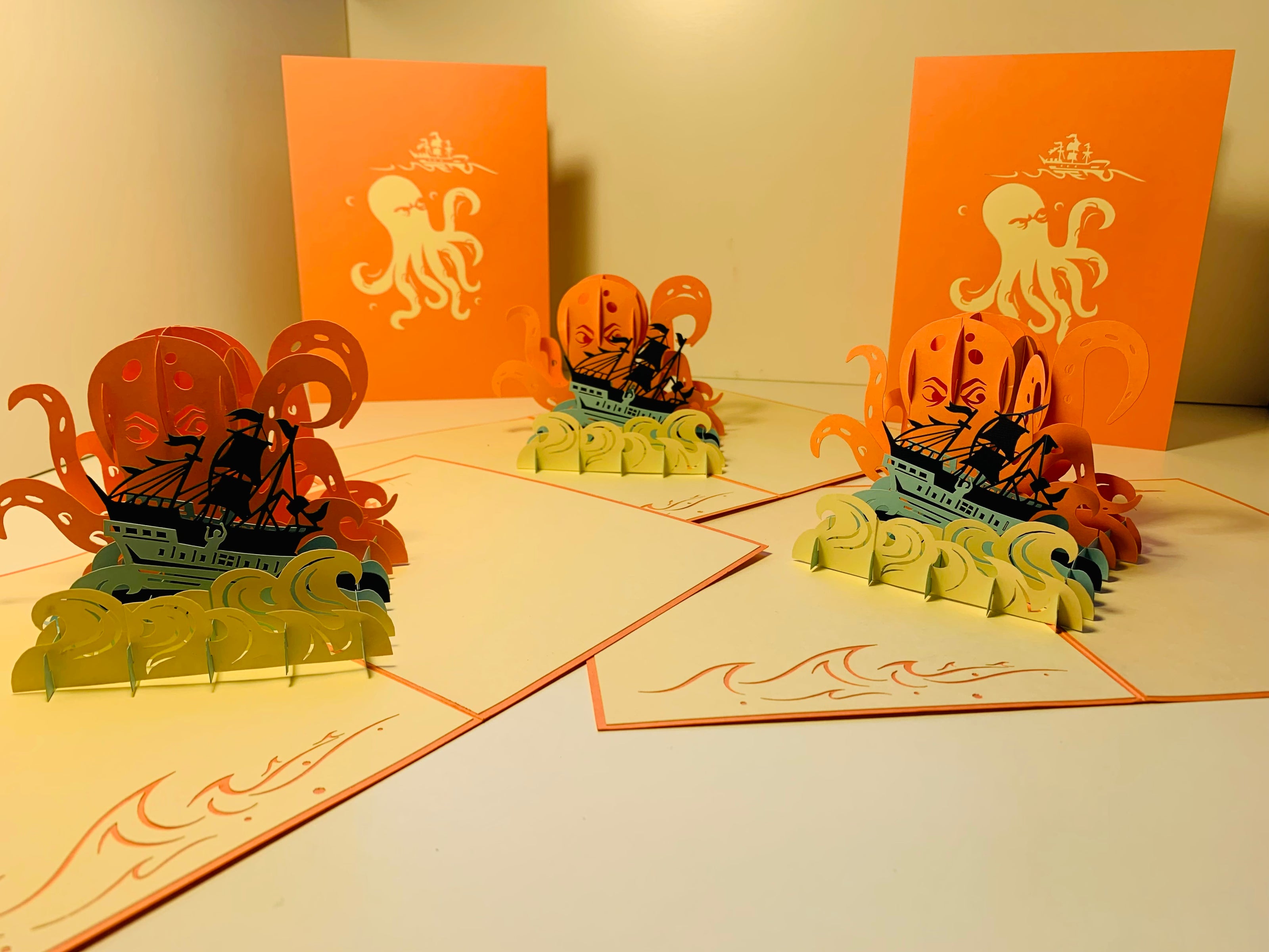 Giant KRAKEN Orange Octopus Attacking Blue Pirate Ship Origami Pop Cards 3D Pop Up Greeting Card Happy Birthday Thank You Handmade Gift Thinking of You Blank Card for Any Occasion Happy Mother's Day Happy Father's Australiana Celebrate the Beauty