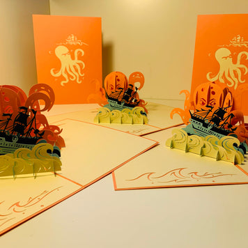 Giant KRAKEN Orange Octopus Attacking Blue Pirate Ship Origami Pop Cards 3D Pop Up Greeting Card Happy Birthday Thank You Handmade Gift Thinking of You Blank Card for Any Occasion Happy Mother's Day Happy Father's Australiana Celebrate the Beauty