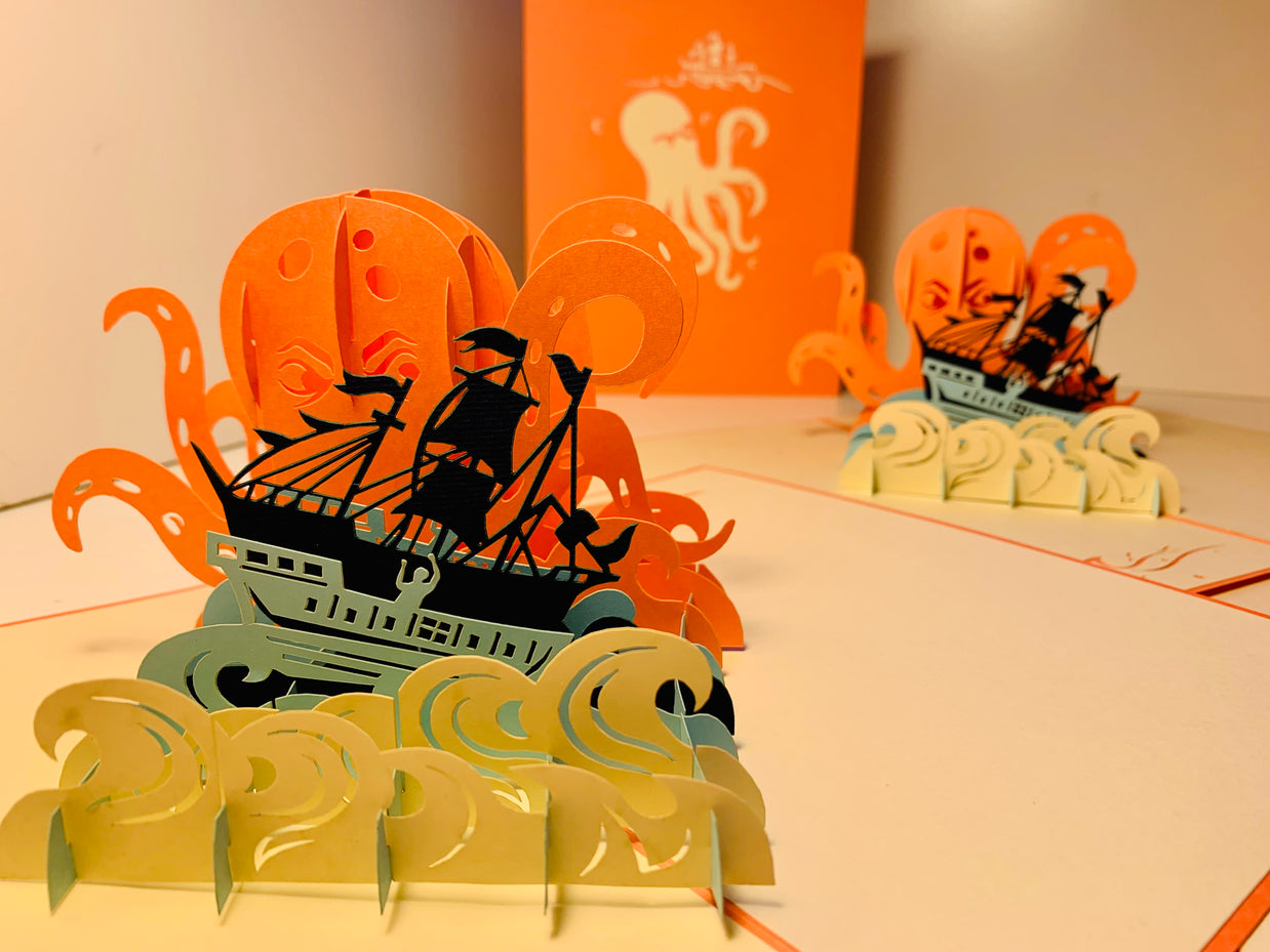 Giant KRAKEN Orange Octopus Attacking Blue Pirate Ship Origami Pop Cards 3D Pop Up Greeting Card Happy Birthday Thank You Handmade Gift Thinking of You Blank Card for Any Occasion Happy Mother's Day Happy Father's Australiana Celebrate the Beauty