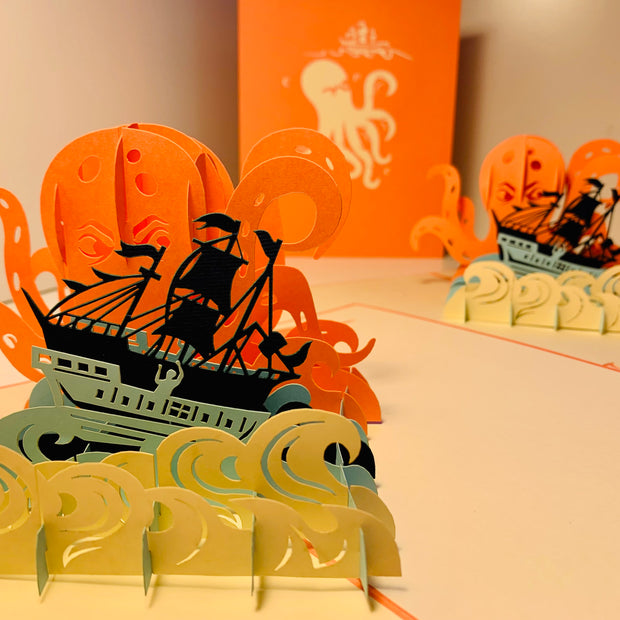 Giant KRAKEN Orange Octopus Attacking Blue Pirate Ship Origami Pop Cards 3D Pop Up Greeting Card Happy Birthday Thank You Handmade Gift Thinking of You Blank Card for Any Occasion Happy Mother's Day Happy Father's Australiana Celebrate the Beauty