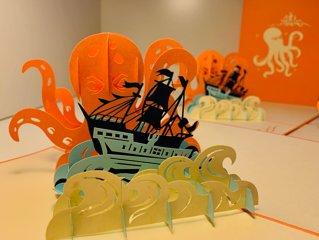 Giant KRAKEN Orange Octopus Attacking Blue Pirate Ship Origami Pop Cards 3D Pop Up Greeting Card Happy Birthday Thank You Handmade Gift Thinking of You Blank Card for Any Occasion Happy Mother's Day Happy Father's Australiana Celebrate the Beauty