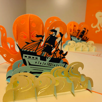 Giant KRAKEN Orange Octopus Attacking Blue Pirate Ship Origami Pop Cards 3D Pop Up Greeting Card Happy Birthday Thank You Handmade Gift Thinking of You Blank Card for Any Occasion Happy Mother's Day Happy Father's Australiana Celebrate the Beauty