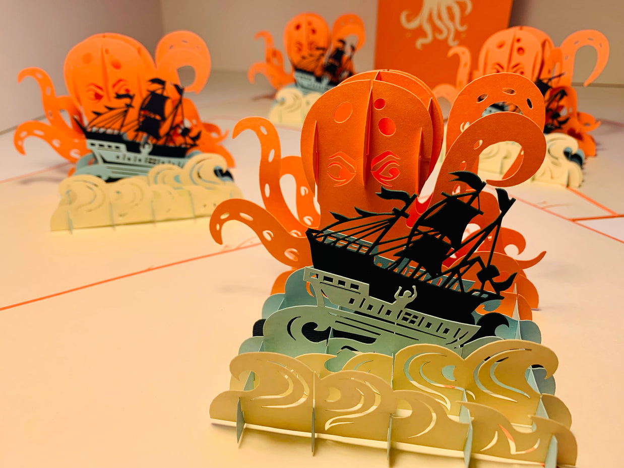 Giant KRAKEN Orange Octopus Attacking Blue Pirate Ship Origami Pop Cards 3D Pop Up Greeting Card Happy Birthday Thank You Handmade Gift Thinking of You Blank Card for Any Occasion Happy Mother's Day Happy Father's Australiana Celebrate the Beauty