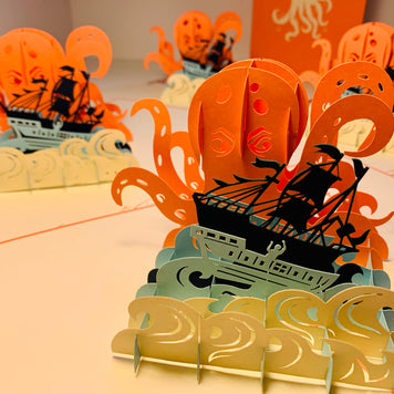 Giant KRAKEN Orange Octopus Attacking Blue Pirate Ship Origami Pop Cards 3D Pop Up Greeting Card Happy Birthday Thank You Handmade Gift Thinking of You Blank Card for Any Occasion Happy Mother's Day Happy Father's Australiana Celebrate the Beauty