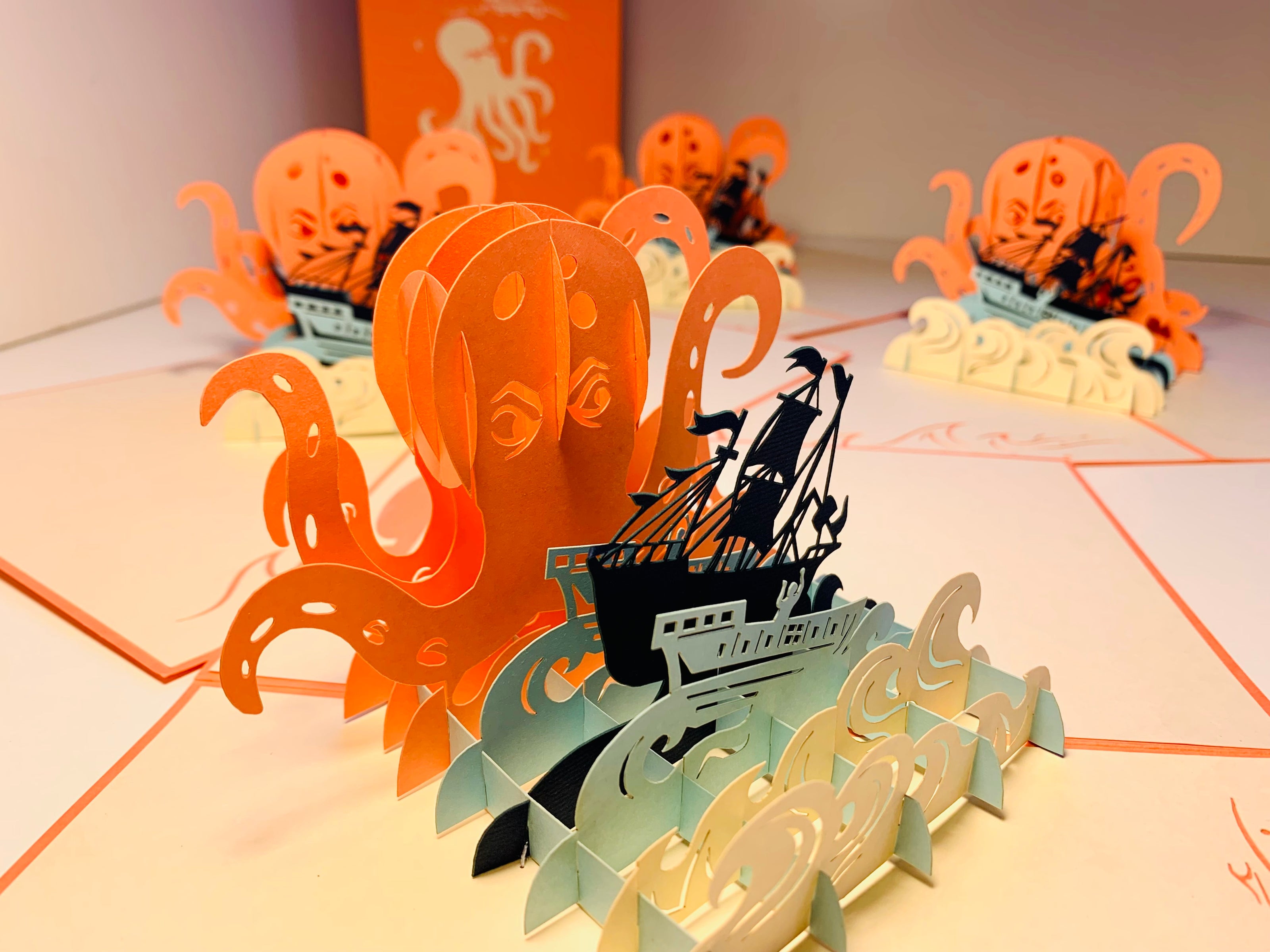 Giant KRAKEN Orange Octopus Attacking Blue Pirate Ship Origami Pop Cards 3D Pop Up Greeting Card Happy Birthday Thank You Handmade Gift Thinking of You Blank Card for Any Occasion Happy Mother's Day Happy Father's Australiana Celebrate the Beauty