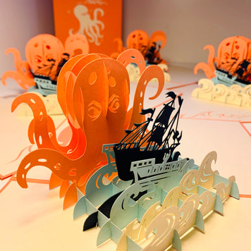 Giant KRAKEN Orange Octopus Attacking Blue Pirate Ship Origami Pop Cards 3D Pop Up Greeting Card Happy Birthday Thank You Handmade Gift Thinking of You Blank Card for Any Occasion Happy Mother's Day Happy Father's Australiana Celebrate the Beauty