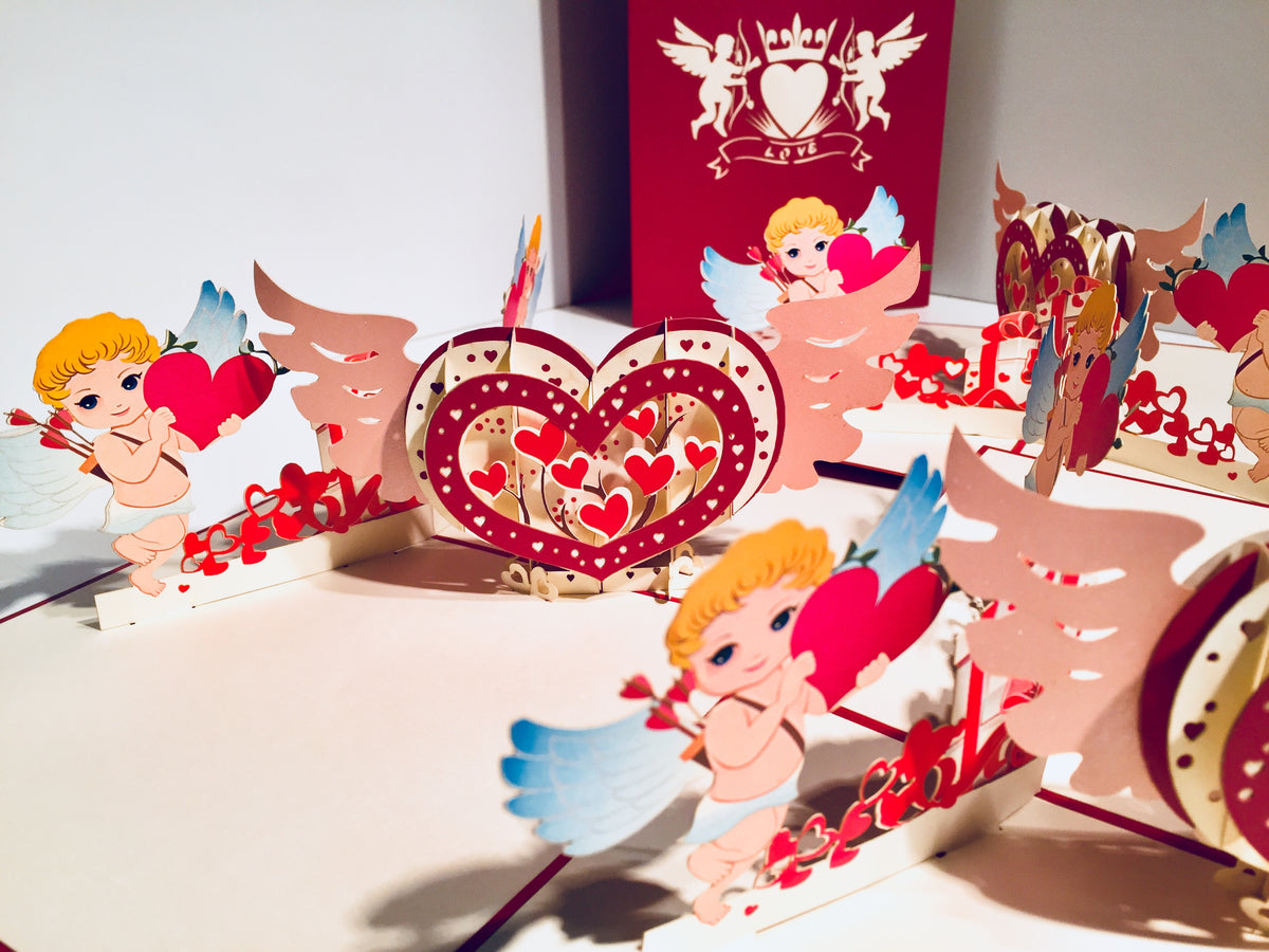 Giant Pop Up Heart with Cupids 3D POP UP GREETING CARD - Created by Origami Pop Cards Australian Design & Handmade 3D Pop Up Magical Paper Cards, Handmade Pop Up Cards Happy Valentine's Day Celebrate Love Heart Fell and Romantic