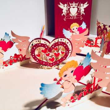 Giant Pop Up Heart with Cupids 3D POP UP GREETING CARD - Created by Origami Pop Cards Australian Design & Handmade 3D Pop Up Magical Paper Cards, Handmade Pop Up Cards Happy Valentine's Day Celebrate Love Heart Fell and Romantic