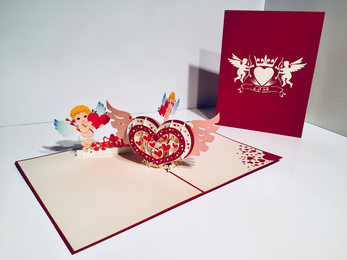 Giant Pop Up Heart with Cupids 3D POP UP GREETING CARD - Created by Origami Pop Cards Australian Design & Handmade 3D Pop Up Magical Paper Cards, Handmade Pop Up Cards Happy Valentine's Day Celebrate Love Heart Fell and Romantic