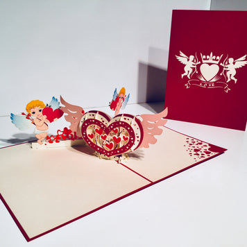 Giant Pop Up Heart with Cupids 3D POP UP GREETING CARD - Created by Origami Pop Cards Australian Design & Handmade 3D Pop Up Magical Paper Cards, Handmade Pop Up Cards Happy Valentine's Day Celebrate Love Heart Fell and Romantic