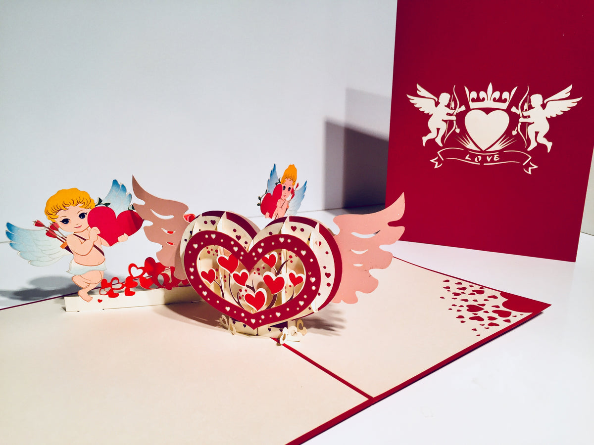 Giant Pop Up Heart with Cupids 3D POP UP GREETING CARD - Created by Origami Pop Cards Australian Design & Handmade 3D Pop Up Magical Paper Cards, Handmade Pop Up Cards Happy Valentine's Day Celebrate Love Heart Fell and Romantic