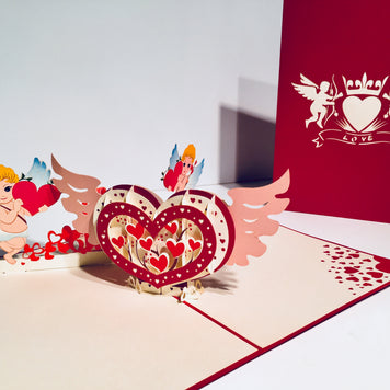 Giant Pop Up Heart with Cupids 3D POP UP GREETING CARD - Created by Origami Pop Cards Australian Design & Handmade 3D Pop Up Magical Paper Cards, Handmade Pop Up Cards Happy Valentine's Day Celebrate Love Heart Fell and Romantic
